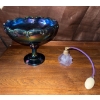 indiana Peacock Blue Carnival Glass Candy Dish w/ Fragrance Atomizer 