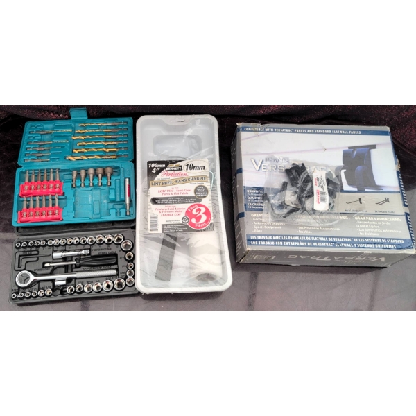 Tool Lot: Drill & Socket Set, NewAge VersaTrac Hooks, Bennett Paint Rollers