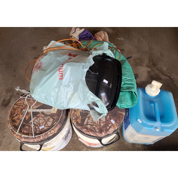 Fishing Buckets w/ Padded Seats, Water Jug, Sleeping Bags, Tent (Not Shown Assembled) and More!