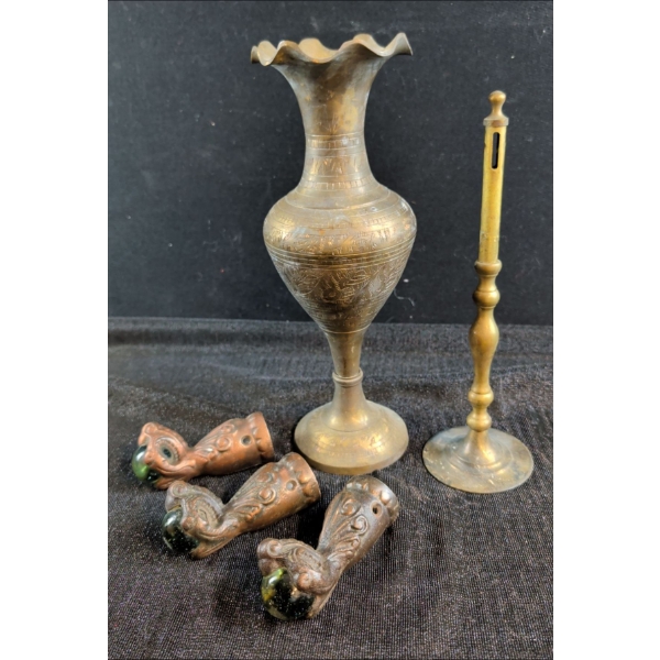 Brass Indian Vase, Furniture Claws, & Candle Stick
