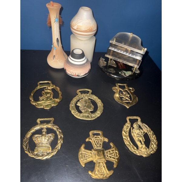 Vintage Horse Harness Piano Music Box & Aztek Vases 8"Tall