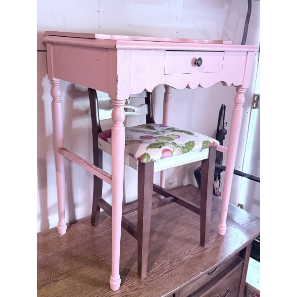 Pink Wooden Vanity Table with Drawer and Chair