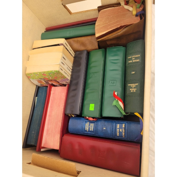 Box of various Bibles and more