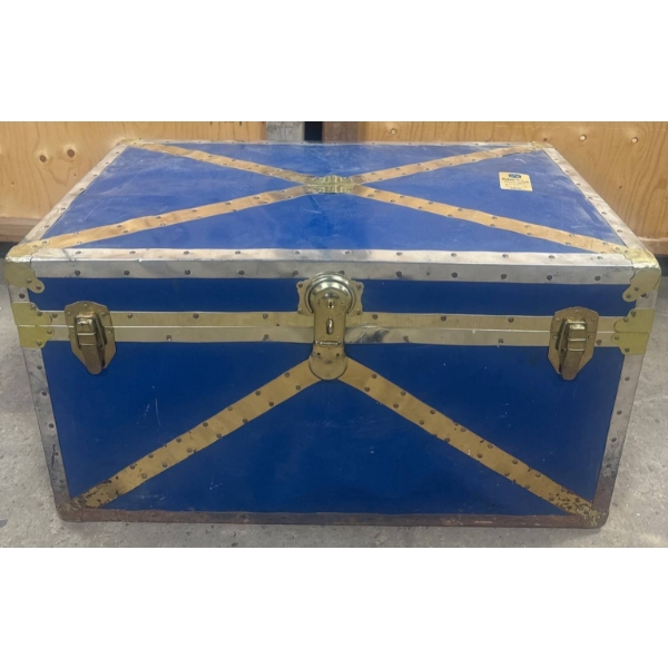 Vintage Blue Metal Trunk with Brass Accents and Cedar-Lined Interior
