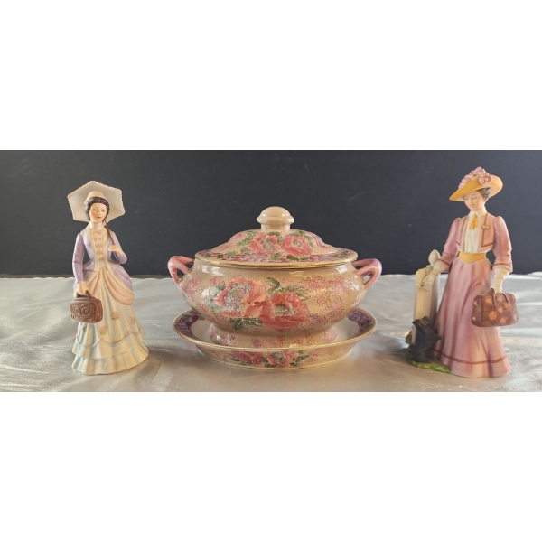 Collectible Vintage Porcelain Items Including Two Figurines and a Macau Soup Tureen