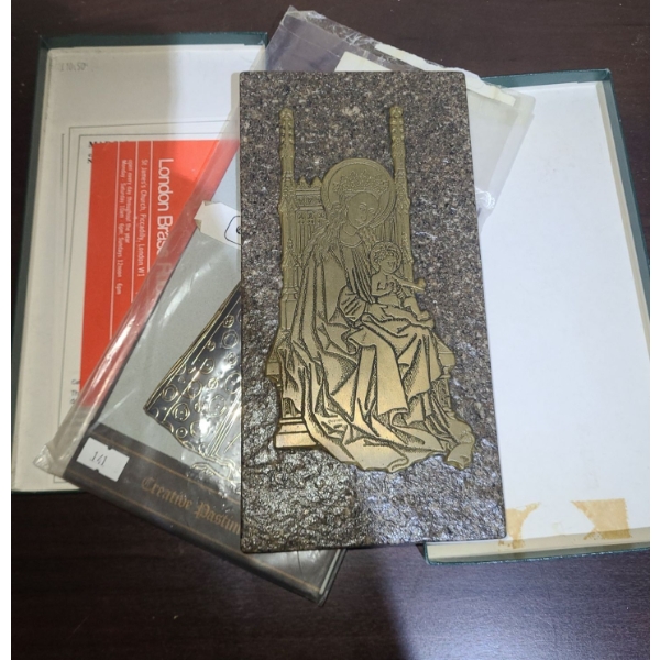Brass Rubbings Kit- Larger Mounted on Stone: 4.75 X 9.5 (Small Chip on Back of Stone as Shown)