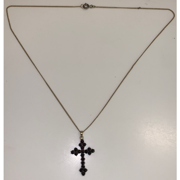 333 Stamped Gold Chain (Chain Weighs 2.08g)  & Unstamped Cross w/ Red Coloured Stones Pendant