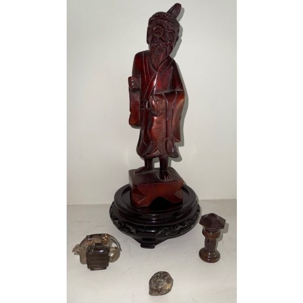 Hand Carved Rosewood Idol 9T - Asian Elder w/ Vintage Smalls