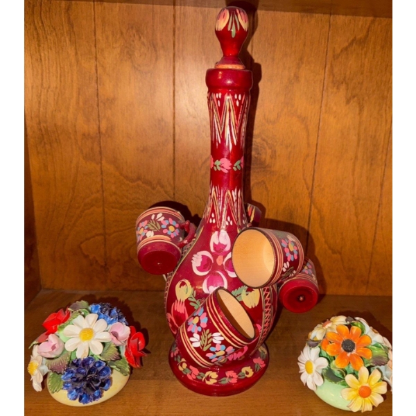 Wooden Ukrainian Decanter w/ Floral Decorations  15"tall