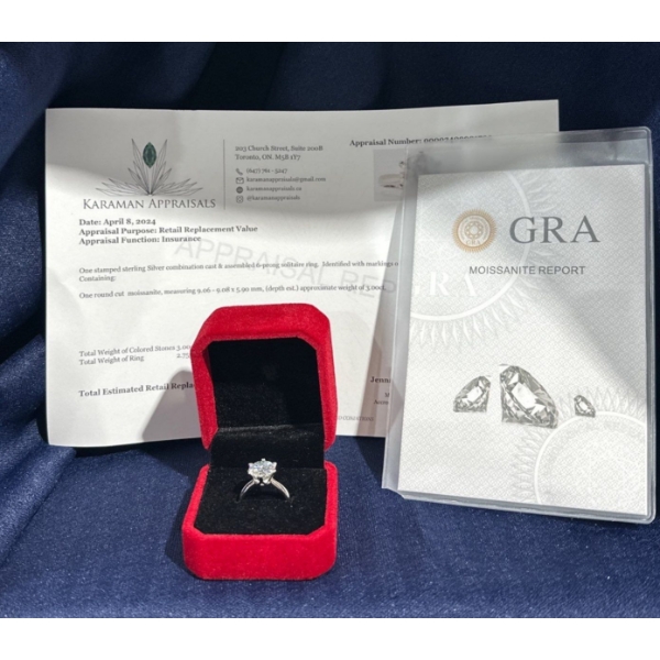 3ct Round Moissanite Set in Sterling Silver Ring