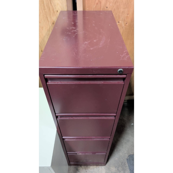 Two Metal Filing Cabinets: One 4-Drawer Burgundy and One 2-Drawer Gray