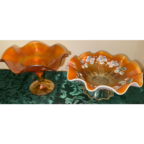 Dugan Peach Opalescent Carnival Glass Coin Spot Pattern Compote & Pedestal Dish