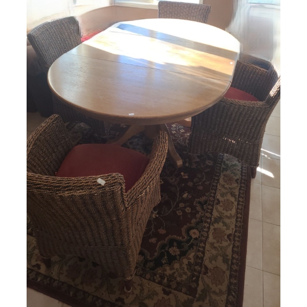 Pedestal Base Wood Dining Table 61 W, 42 D, 30 T, Four Seagrass Chairs w/ Cushions 24 W, 20 D, 32 T 
