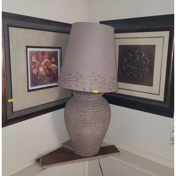 Lamp 30 T to Top of Shade, Floral Picture 20 X 20, Mandala Design 21 x 21 Both Framed Under Glass 