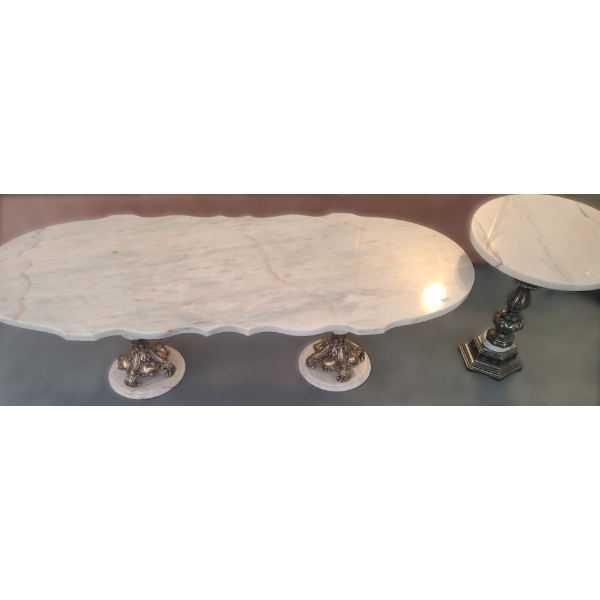 Vintage Marble Top Coffee Table 48 W, 20 D, 15 T and Marble Top Side Table 15" Diameter Top, 18 T 
