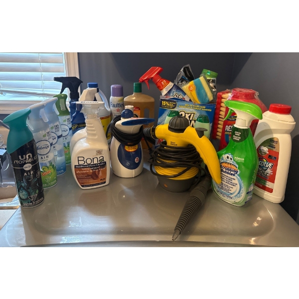 Collection Of Cleaning Supplies w/Clothing Steamers- Febreeze, Oxi-Clean, Bona