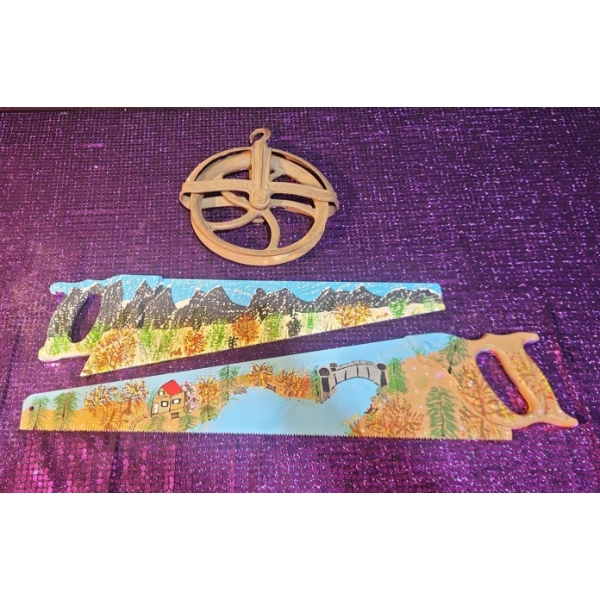 One of A Kind hand Painted Saws, Double Sided, Older Pulley- Great For Display or Use