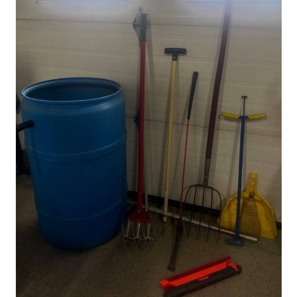 Rain Barrel with Assorted Yard Tools, Including Pitchfork and Dust Pan