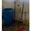 Image 1 : Rain Barrel with Assorted Yard Tools, Including Pitchfork and Dust Pan