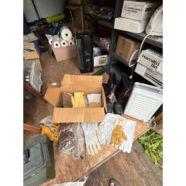 Box of new leather welding, gloves, brand new winter workload, boots, and heater