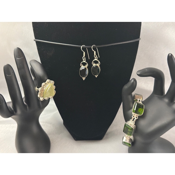 Stamped .925 Green Amber Bracelet and Earrings with Yellow Jasper Ring