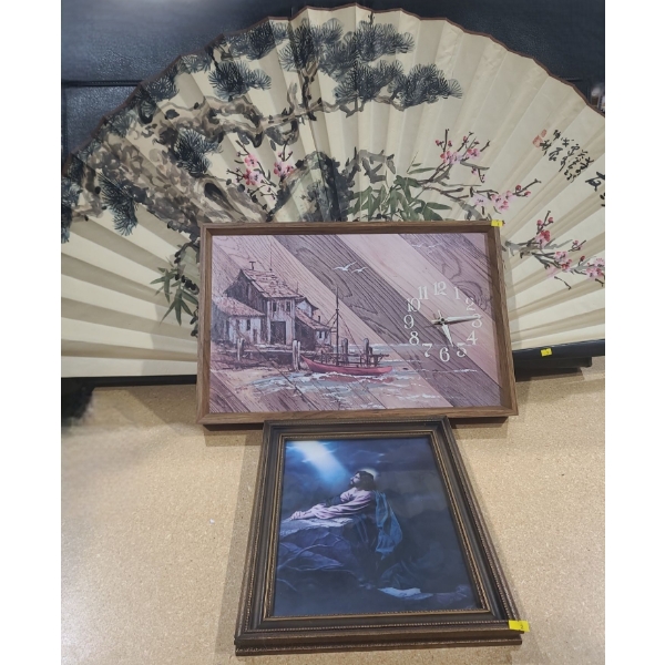 Assorted Wall Decor: Large Fan 56 X 31, Clock w/ Boat Design 15 X 23, Jesus Picture 13 X 16