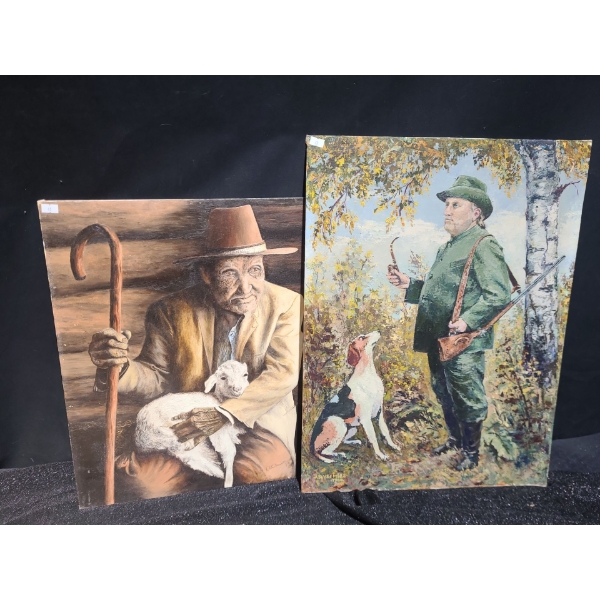 Paintings: Old Man w/ Sheep 16 X 20 and Hunter w/ Hound, Artist: A.R.Veemees, 17.5 X 24