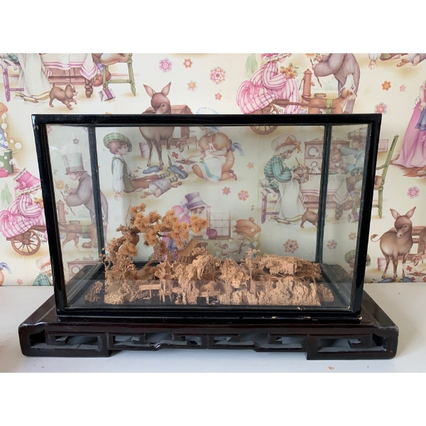 Asian Display Case w/ Hand Carved Sandlewood Village in Asia 22x14 