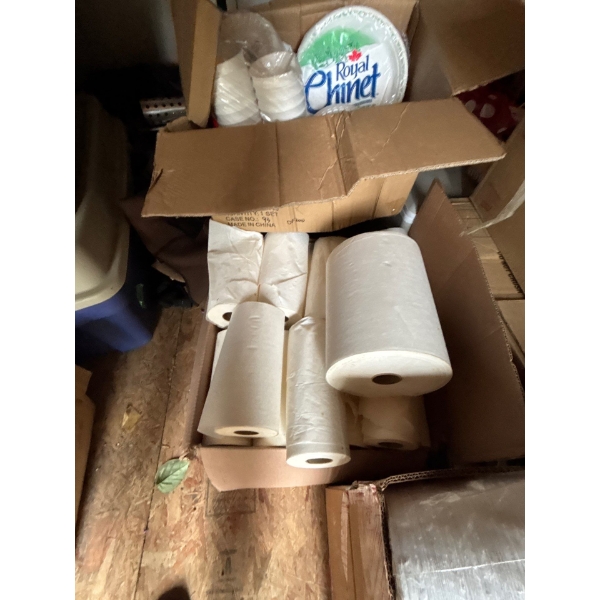 Massive amount of Royal China cups plates several plastic Dixie cups, huge box of paper towel servie