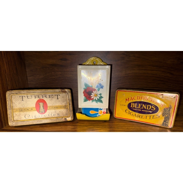 Vintage Wall Mounted Matchbox w/ Old Cigarette/Tobacco Tins