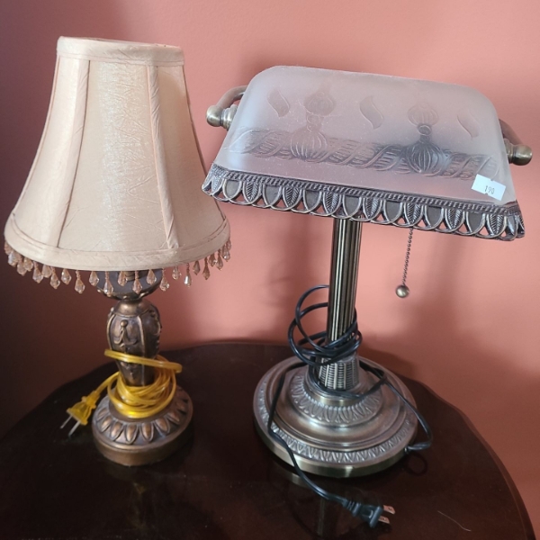 Pair of Lamps - Lamp w/ Beaded Shade 17 T, Bankers Lamp 16 T