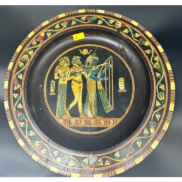 Egyptian Wooden Painted Plate with Mother of Pearl Inside, some pieces starting to pull off 