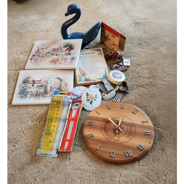 Assorted Household Decor Including: Ceramic Swan, Small Prints, Magnets, Thermometer, Wall Clock
