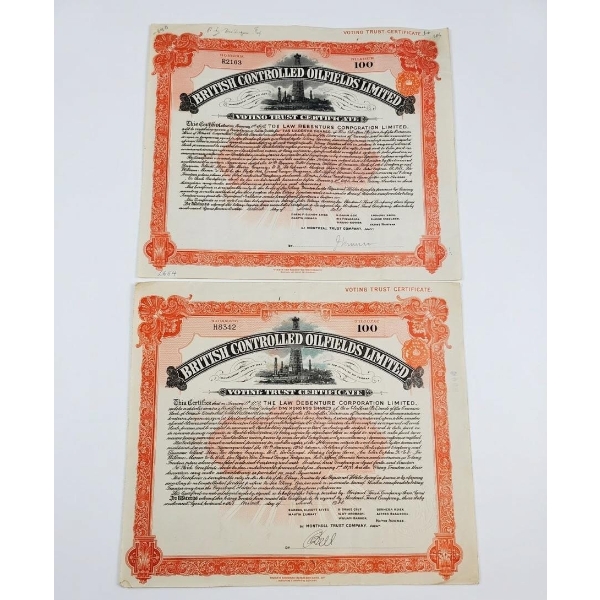 Two Vintage British Controlled Oilfields Limited Voting Trust Certificates.