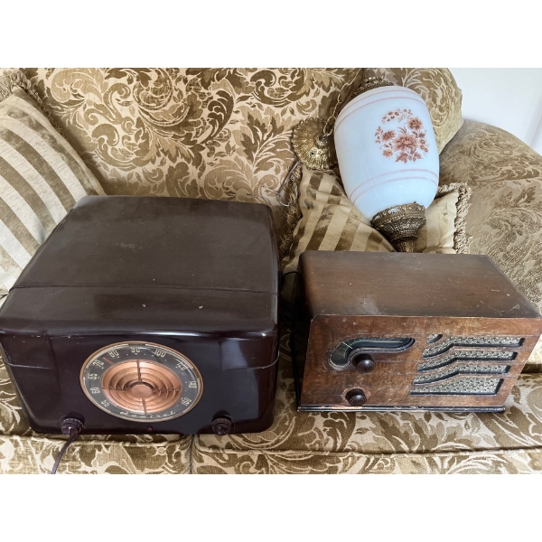 Two antique radios Admiral is the larger radio of the two and a lovely brass and glass hanging lamp 