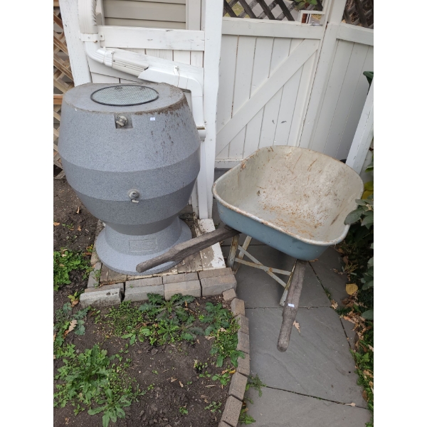 Rain Barrell and Wheelbarrow 
