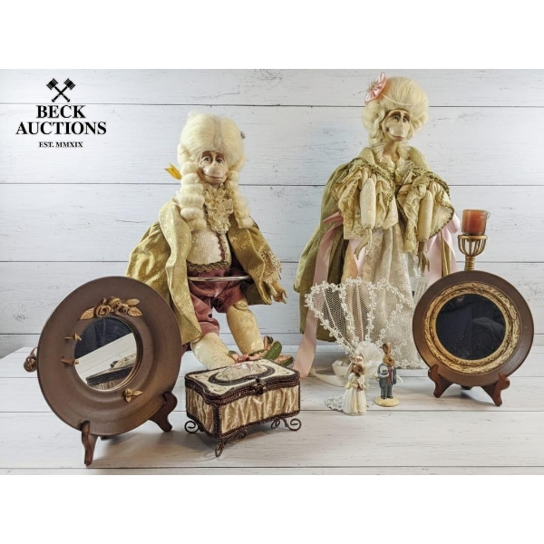 Pair Of Porcelain Monkey Dolls Dressed In Elaborate 18th-Century Style Costumes With Lace And Fine F