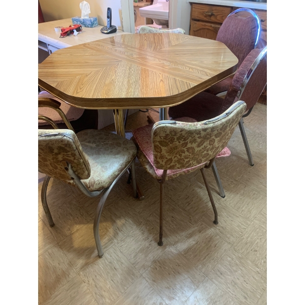 Mid-Century Style Dining Table with Wood Veneer Top and Mixed Upholstery Chairs