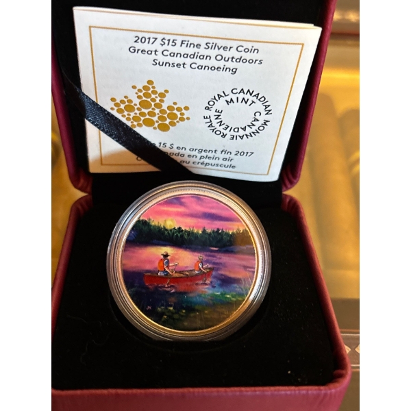 2017 $15 Great Canadian Outdoors: Sunset Canoeing - Pure Silver Glow-in-the-Dark Coin
