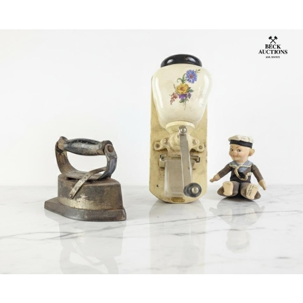Mid-20th Century Wall-Mounted Coffee , Vintage Asbestos Sad Iron ,  "Jolly Boy" Sailor Doll 1930s