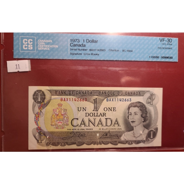 Certified Bank of Canada 1973- $1 Bill BAX1142663- BC-46bA/ VF-30 Replacement 