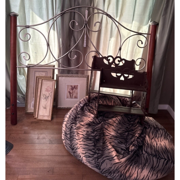 Queen Head Board Tiger Print Bean Bag Chair Pair of Shelves & Assorted Art Prints 