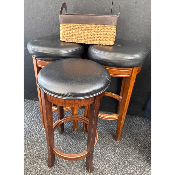 3 Oak Bar Stools w/ Genuine Leather Upholstery & Decorative Woven Basket 30'Tall