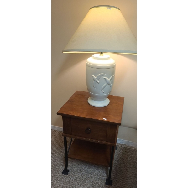 Ceramic Birds Lamp 27 T to Finial and Bed Side Table w/ Drawer and Shelf 18 W, 16 D, 23 T