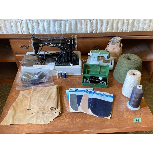 Vintage Portable Electric Sewing Machine with Leather Patches, Thread, and Accessories