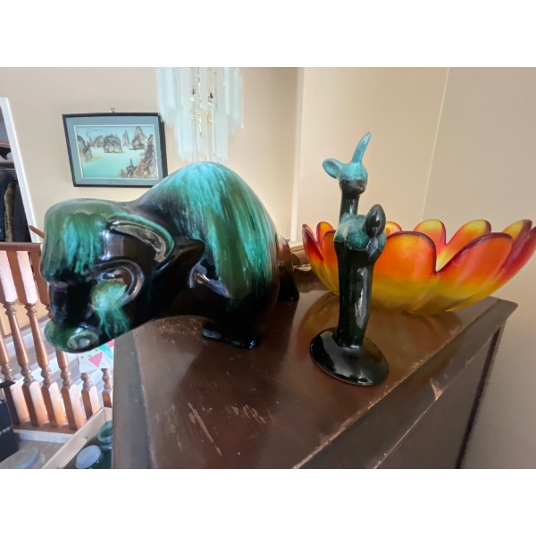 vintage Blue Mountain Pottery bison or buffalo figurine with carnival glass, serving dish, retro, se