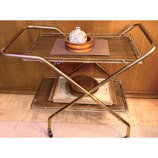 Metal and Wood Two-Tier Serving Cart with Casters