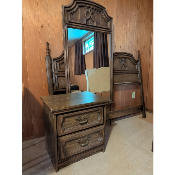 Vintage Bedroom Set with Mirror, Nightstand, Headboard & Bed Frame