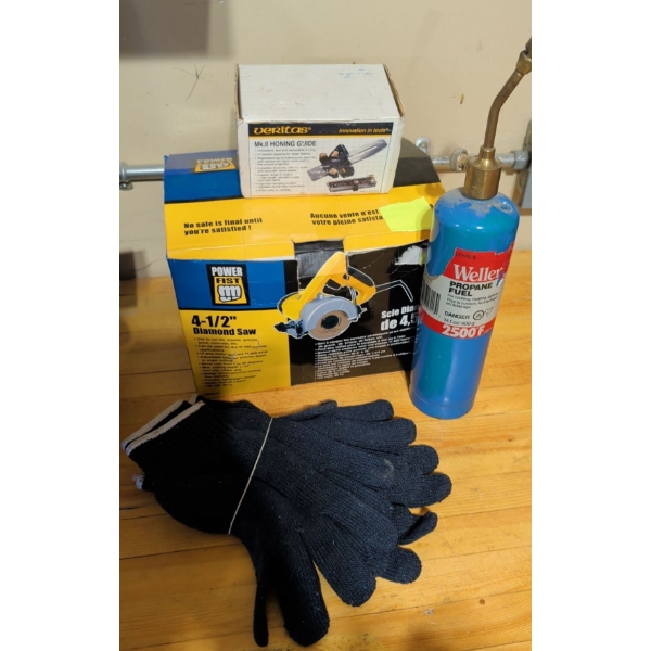Powerfist 4 1/2" Diamond Saw w/ Butane Torch Honing Guide & New Work Glove Liners 