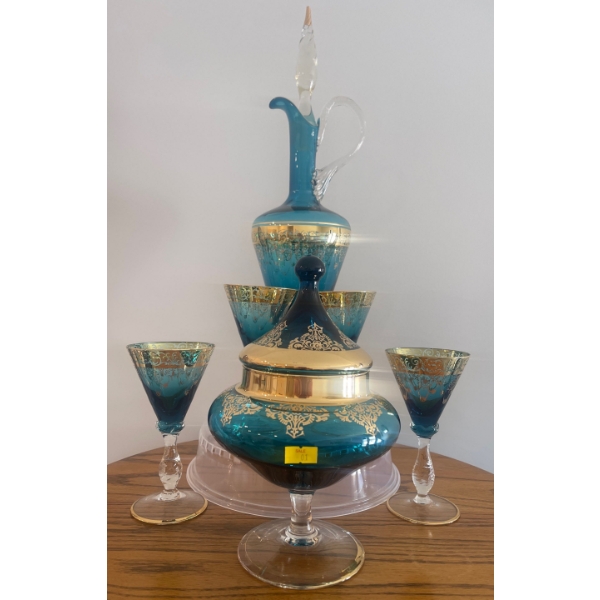 Vintage Hand Blown Italian Venetian Murano Aqua Blue Barware Glassware Empoli Style Dish Teal 22k Go